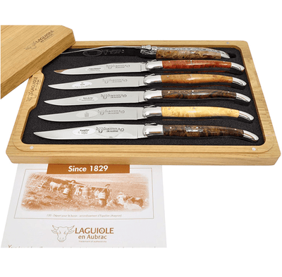 Laguiole en Aubrac Luxury Stainless Steel 6-Piece Steak Knife Set With Mixed Burl Wood Handles, Polished Bolsters - Kitchen Universe