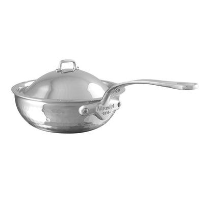 Mauviel M'Elite Hammered 5-Ply Stainless Steel Curved Splayed Sauté Pan with Domed Lid, 1.1-qt - Kitchen Universe