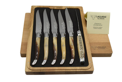 Laguiole en Aubrac Luxury Stainless Steel & Brass Double Plated 6-Piece Steak Knife Set With Solid Horn Handles - Kitchen Universe