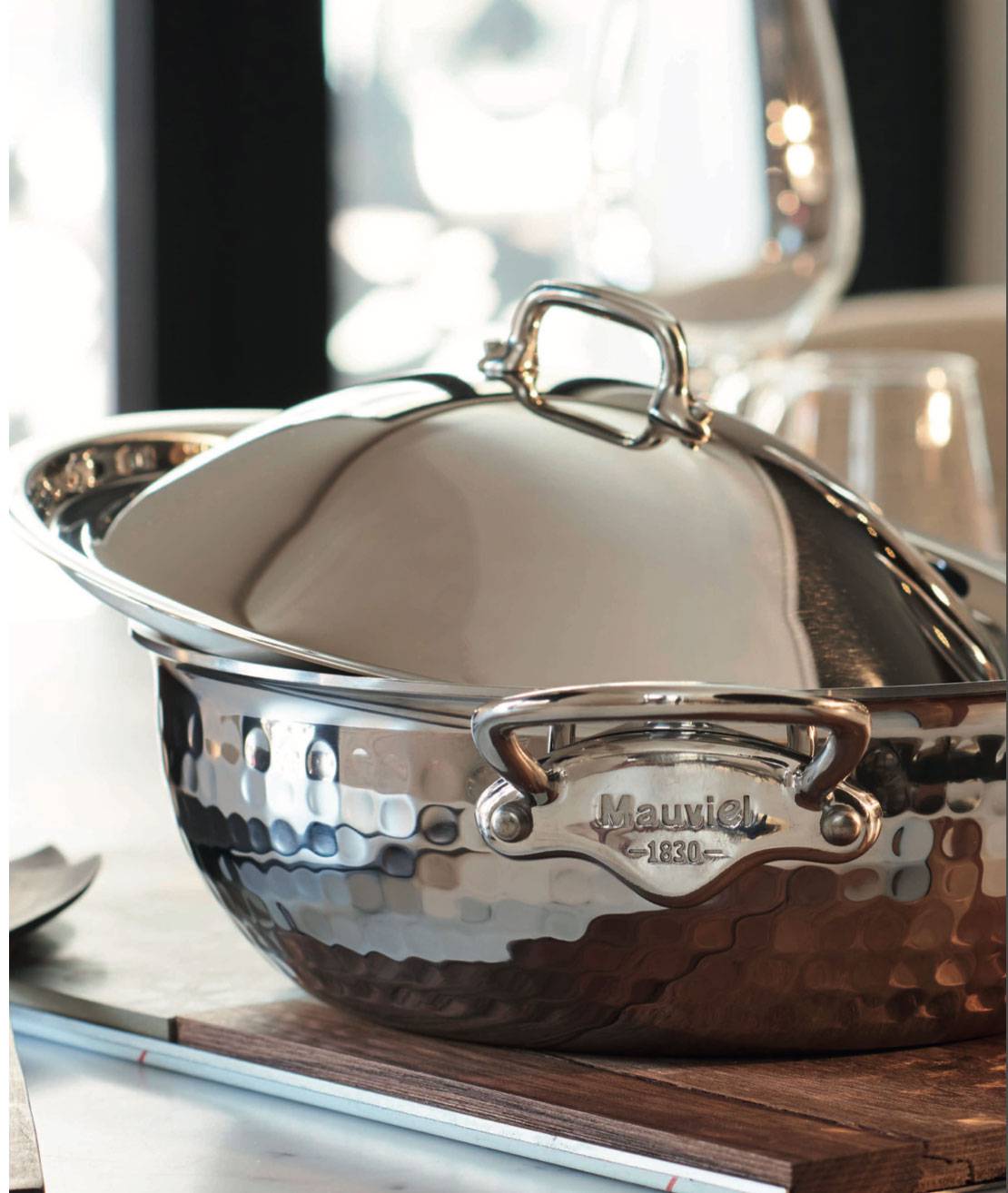 Mauviel M'Elite Hammered 5-Ply Stainless Steel Curved Splayed Sauté Pan with Domed Lid, 3.8-qt - Kitchen Universe