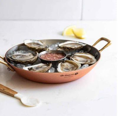 De Buyer Inocuivre Service Copper Round Dish Pan With Two Brass Handles, 10.25-Inches - Kitchen Universe