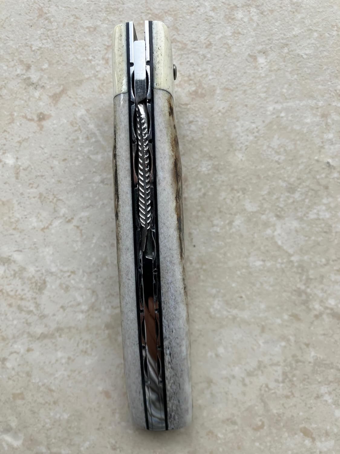 Arbalete Genes David Laguiole Multi-Purpose Folding Knife With Handcarved Spring, Deer Antler Handle And Bone Bolster, 4.8-in