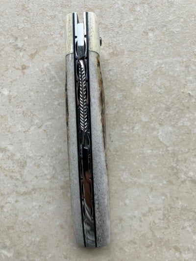 Arbalete Genes David Laguiole Multi-Purpose Folding Knife With Handcarved Spring, Deer Antler Handle And Bone Bolster, 4.8-in