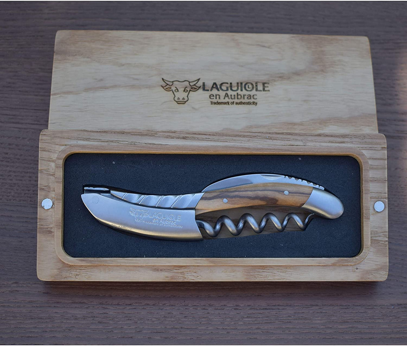 Laguiole en Aubrac Deluxe Sommelier Waiter's Corkscrew with Olivewood Handle & Twisted Bolster - Kitchen Universe