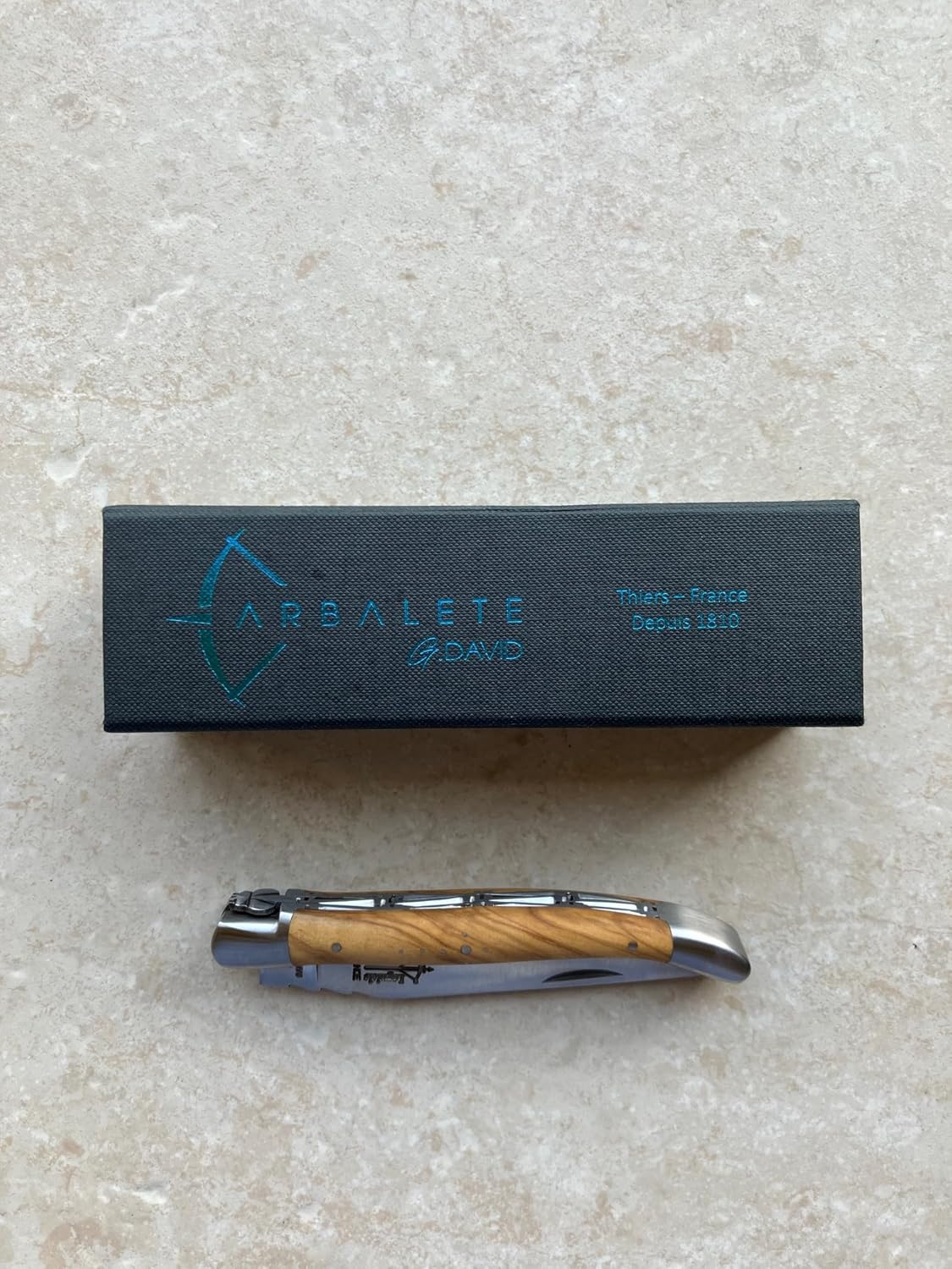 Arbalete Genes David Laguiole Multi-Purpose Folding Knife With Olive Wood Handle And Brushed Stainless Steel Bolster, 4.8-in