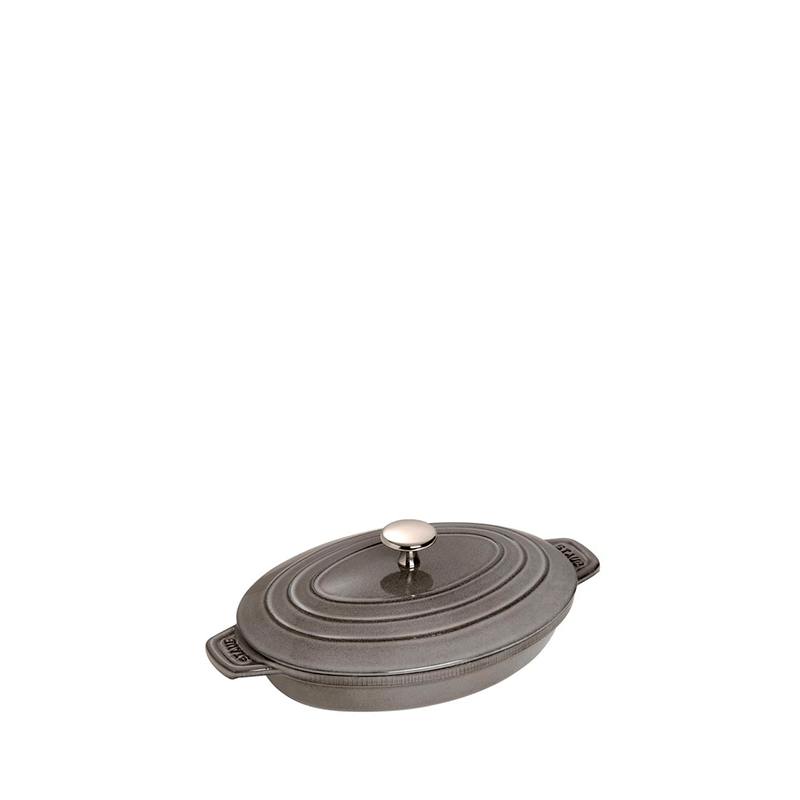 Staub Cast Iron Oval Dish Covered Baking, 9-in x 6.6-in, Graphite Grey - Kitchen Universe