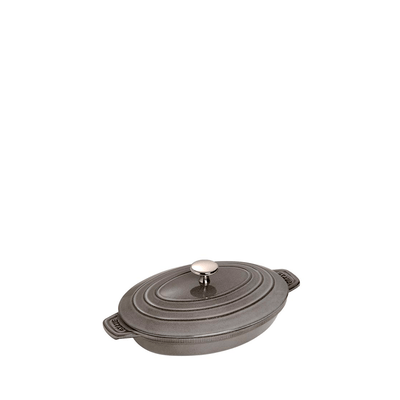 Staub Cast Iron Oval Dish Covered Baking, 9-in x 6.6-in, Graphite Grey - Kitchen Universe