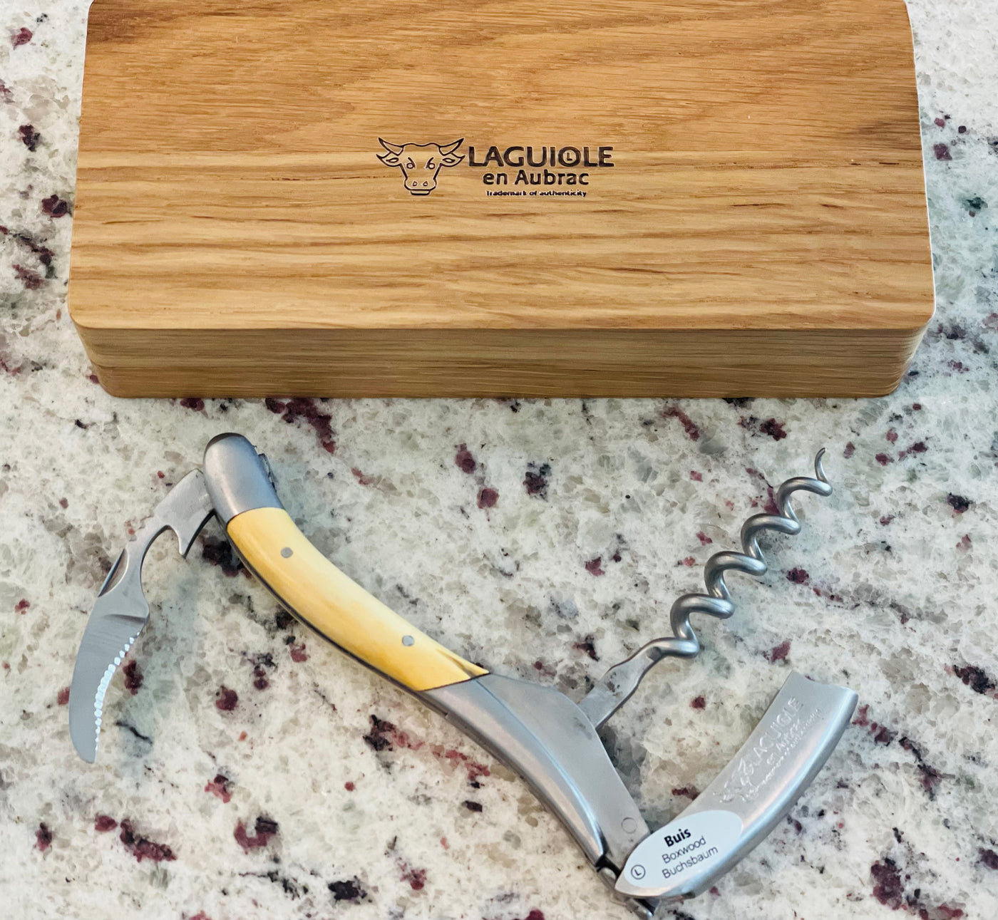 Laguiole en Aubrac Deluxe Sommelier Waiter's Corkscrew with Boxwood Handle From Chateau de Chantilly, Brushed Bolster - Kitchen Universe
