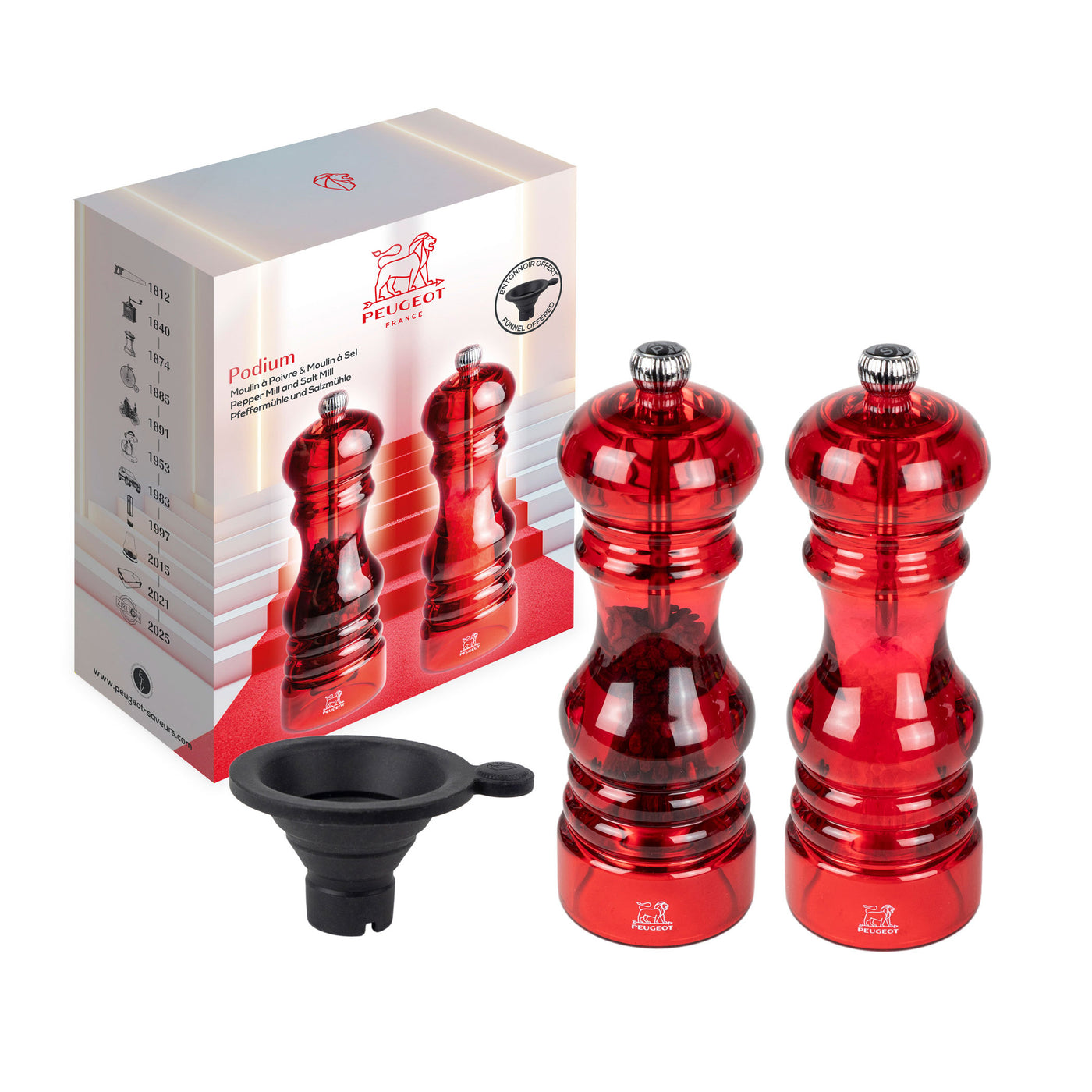 Peugeot Podium Duo Pepper Mill and Salt Mill 7-in, Red Acrylic, Gift Boxed
