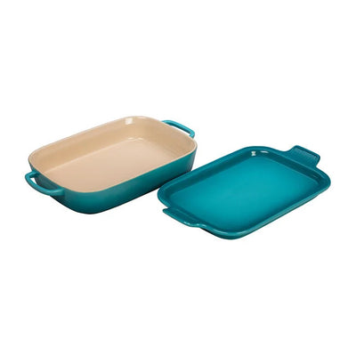 Le Creuset Stoneware Rectangular Dish with Platter Lid, 3-Quart, Caribbean - Kitchen Universe