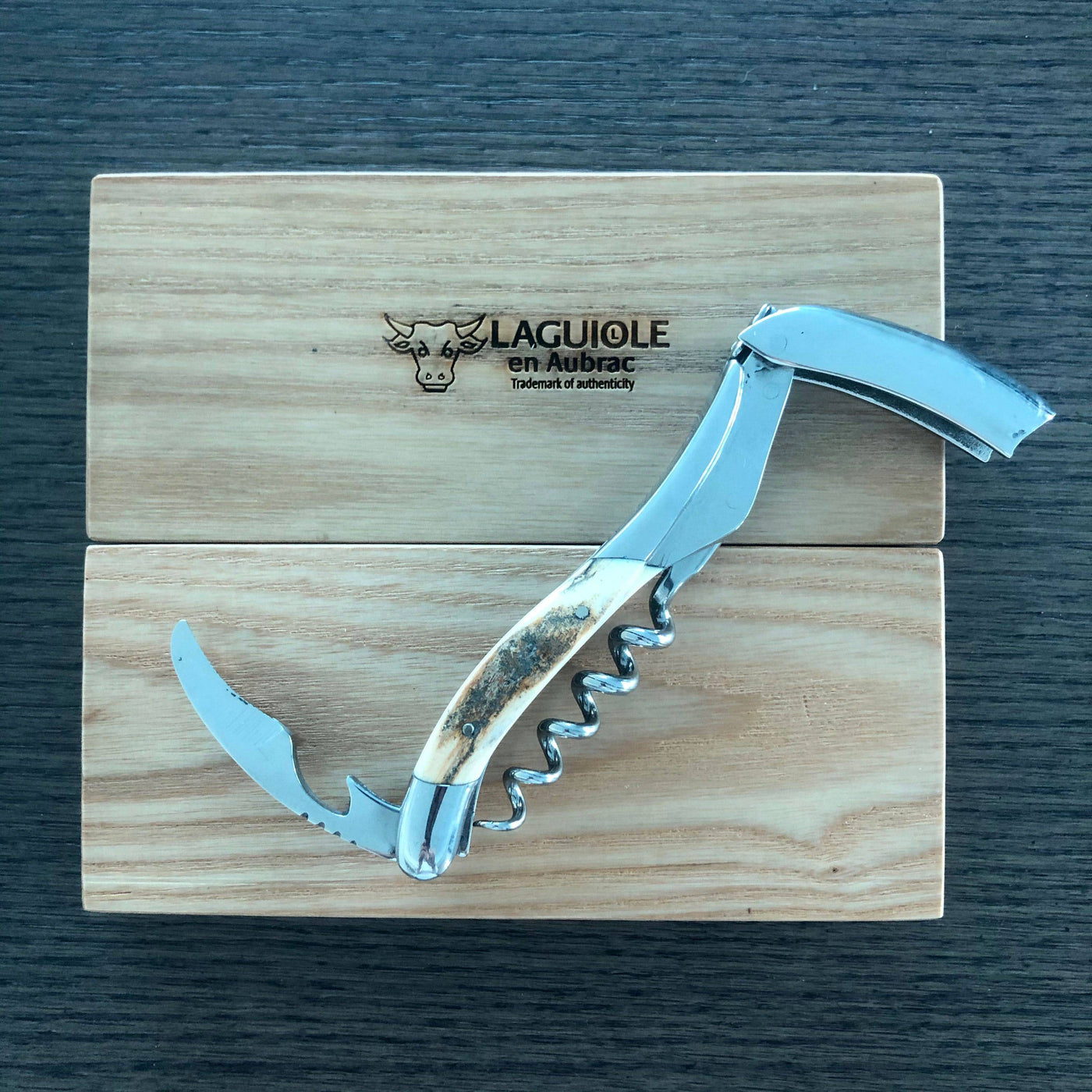 Laguiole en Aubrac Deluxe Sommelier Waiter's Corkscrew Shiny Bolster with Mammoth Ivory Crust Handle - Kitchen Universe