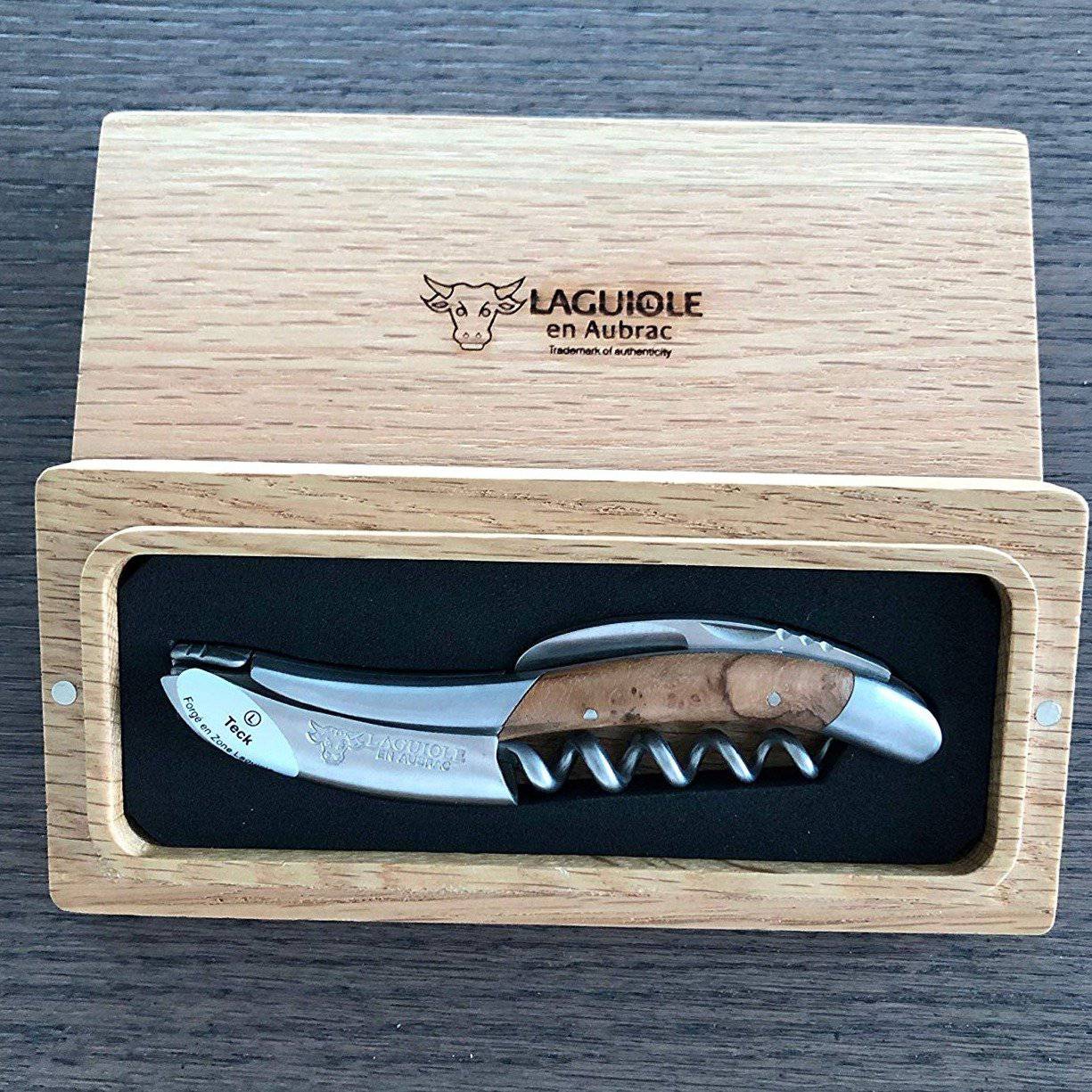 Laguiole en Aubrac Deluxe Sommelier Waiter's Corkscrew with Teak Burl Wood Handle & Brushed Bolster - Kitchen Universe