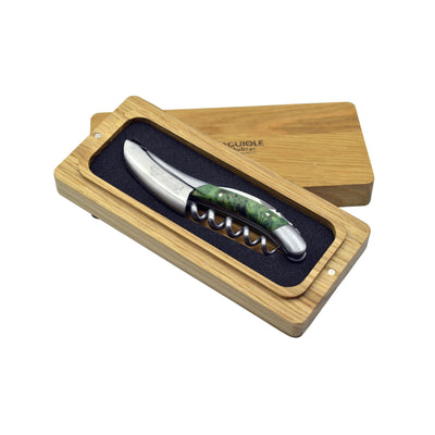 Laguiole en Aubrac Deluxe Sommelier Waiter's Corkscrew with Stabilized Green Poplar Burl Handle, Brushed Bolster - Kitchen Universe