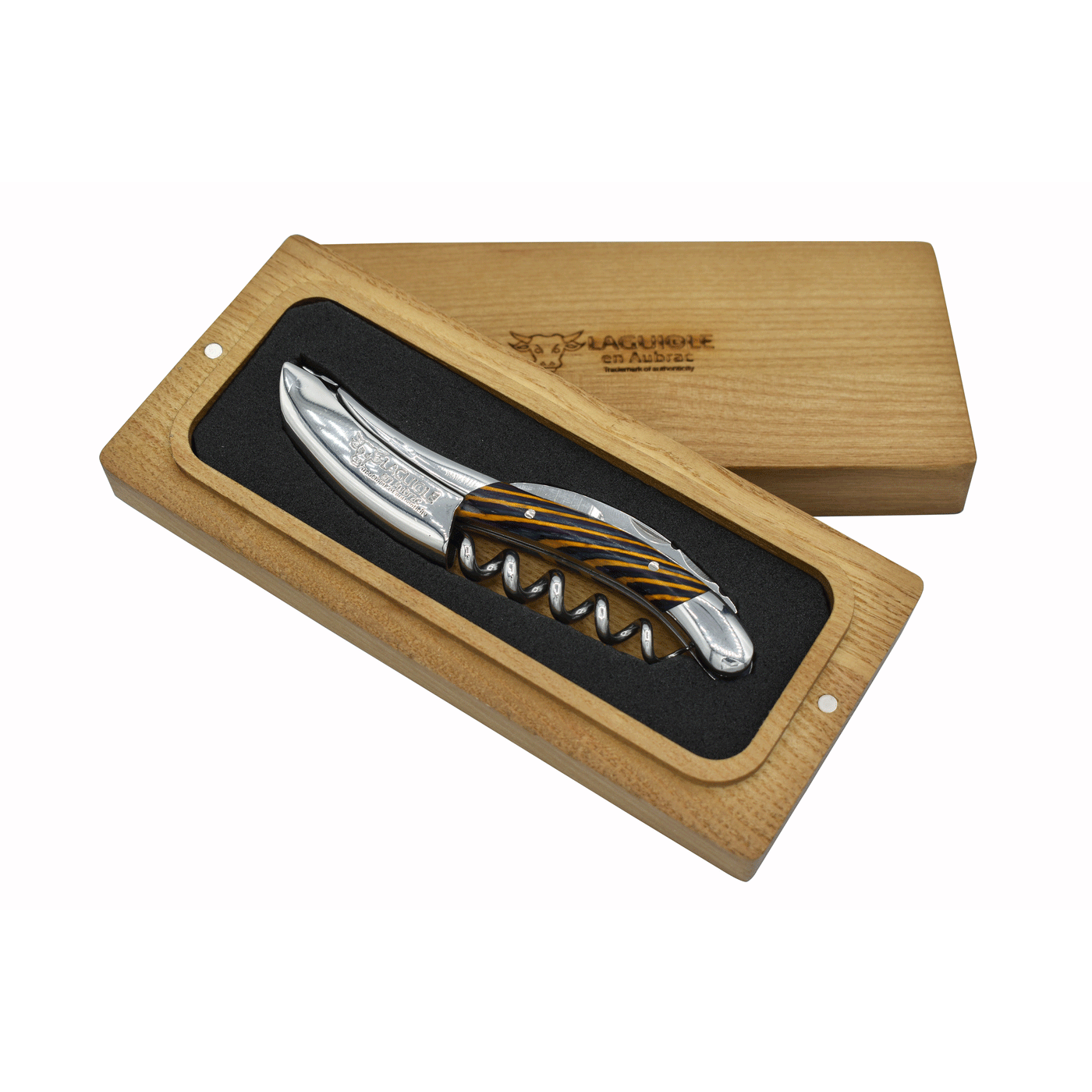 Laguiole en Aubrac Deluxe Sommelier Waiter's Corkscrew with Samba Wood with Yellow Veins Handle, Polished Bolster - Kitchen Universe