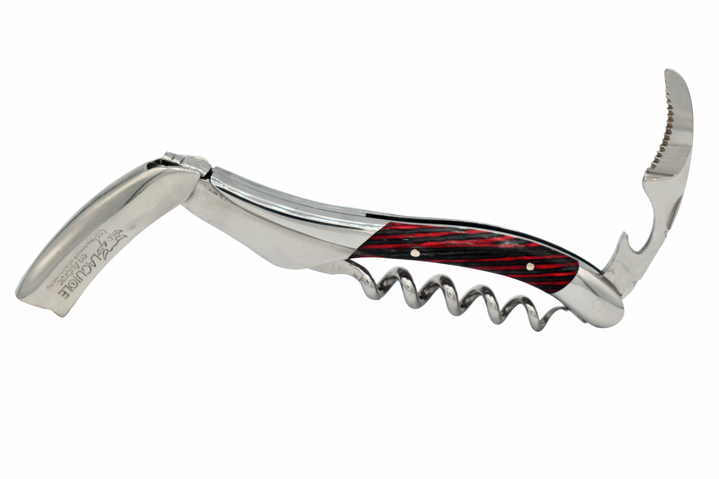 Laguiole en Aubrac Deluxe Sommelier Waiter's Corkscrew with Samba Wood & Red Veins Handle, Polished Bolster - Kitchen Universe