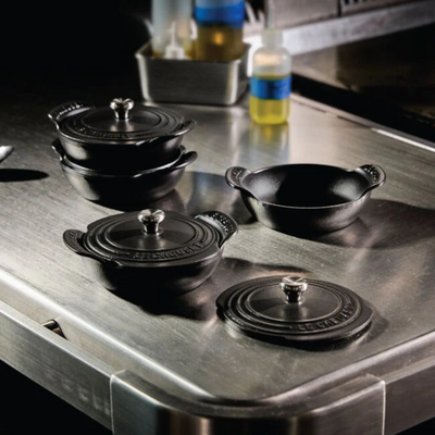 Le Creuset Gourmand Collection 4-Piece Mini Round Braiser with Lid Set, 0.3-Quart, Matte Black - Kitchen Universe