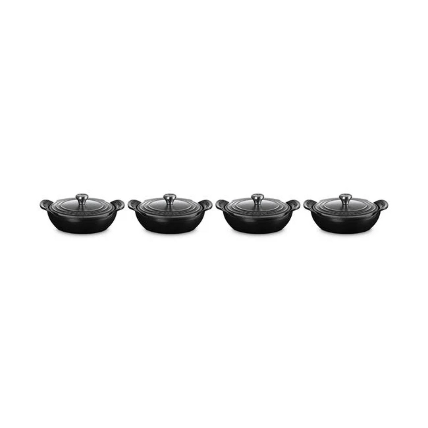 Le Creuset Gourmand Collection 4-Piece Mini Round Braiser with Lid Set, 0.3-Quart, Matte Black - Kitchen Universe