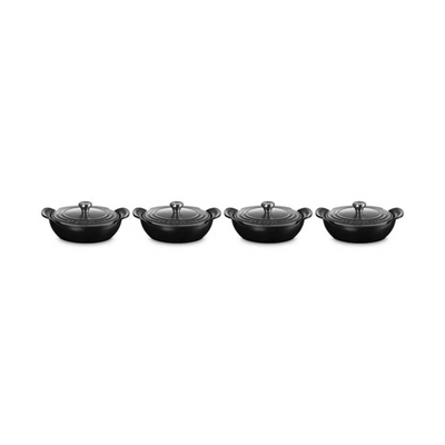 Le Creuset Gourmand Collection 4-Piece Mini Round Braiser with Lid Set, 0.3-Quart, Matte Black - Kitchen Universe