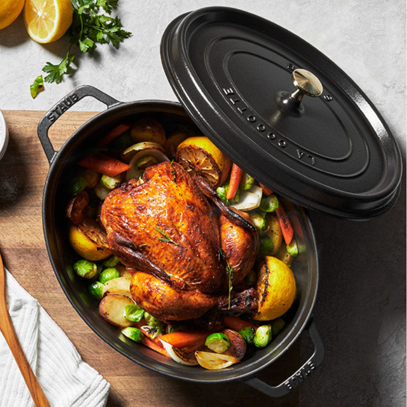 Staub Cast Iron Oval Coq au Vin Cocotte 5.75 qt, Cherry Red