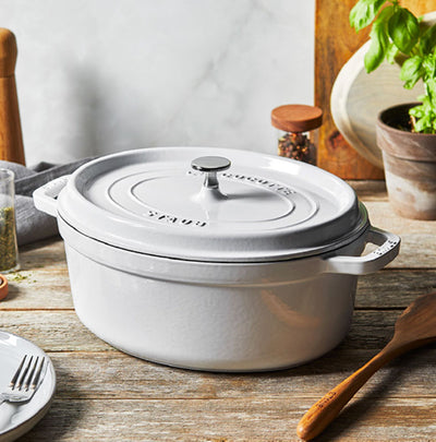 Staub Cast Iron Oval Coq au Vin Cocotte 5.75 qt, Cherry Red