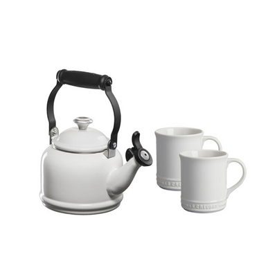 Le Creuset Enamel on Steel Demi Kettle & 2 Coffee Mugs Set, White - Kitchen Universe