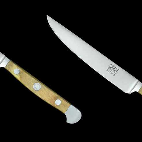 Gude Alpha Olive Series Forged Double Bolster Serrated Steak Knife With Olivewood Handle, 4.5-in - Kitchen Universe