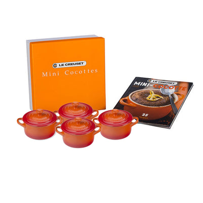 Le Creuset Stoneware Set of 4 Mini Cocottes with Cookbook, 8-Ounces, Flame - Kitchen Universe