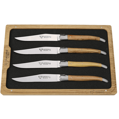 Laguiole en Aubrac Stainless Steel 4-Piece Steak Knife Set With Mixed French Wood Handles - Kitchen Universe