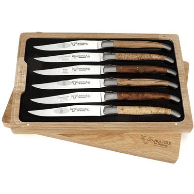 Laguiole en Aubrac Luxury Stainless Steel 6-Piece Steak Knife Set With Mixed European Wood Handles - Kitchen Universe