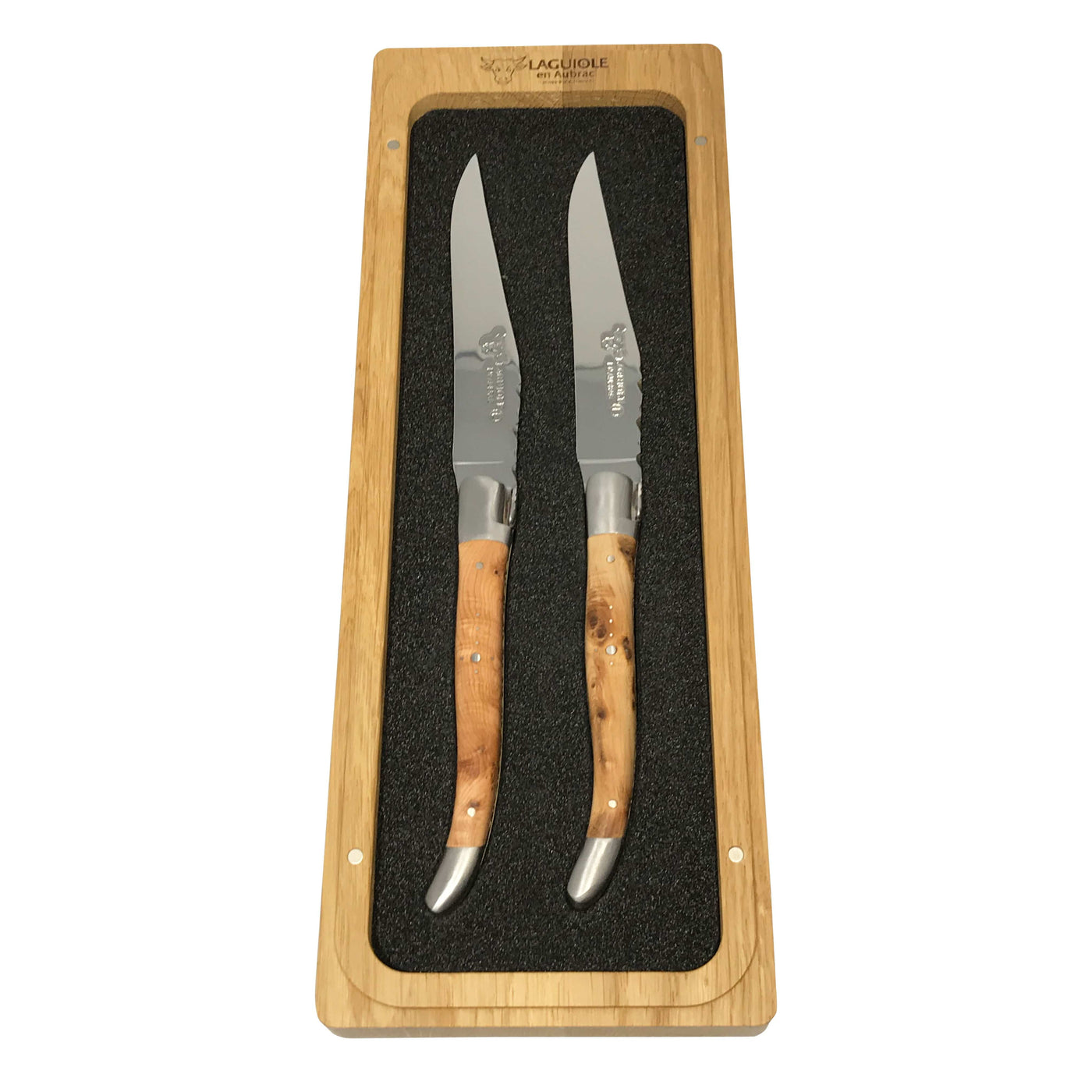 Laguiole en Aubrac Stainless Steel & Brass Double Plated 2-Piece Steak Knife Set With Juniper Wood Handles - Kitchen Universe