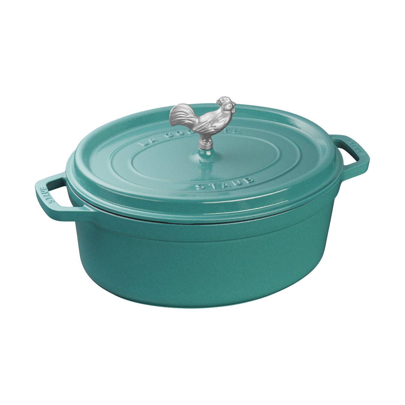 Staub Cast Iron Oval Coq au Vin Cocotte, 5.75 qt, Turquoise - Kitchen Universe