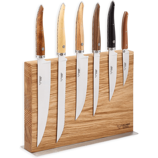 Laguiole en Aubrac Gourmet 7-Piece Kitchen Knife Set With Mixed Wood Handles, Magnetic Oak Block