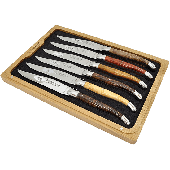 Laguiole en Aubrac Luxury Stainless Steel 6-Piece Steak Knife Set With Mixed Burl Wood Handles, Polished Bolsters - Kitchen Universe