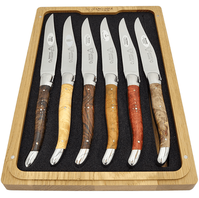 Laguiole en Aubrac Luxury Stainless Steel 6-Piece Steak Knife Set With Mixed Burl Wood Handles, Polished Bolsters - Kitchen Universe