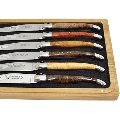 Laguiole en Aubrac Luxury Stainless Steel 6-Piece Steak Knife Set With Mixed Burl Wood Handles, Polished Bolsters - Kitchen Universe