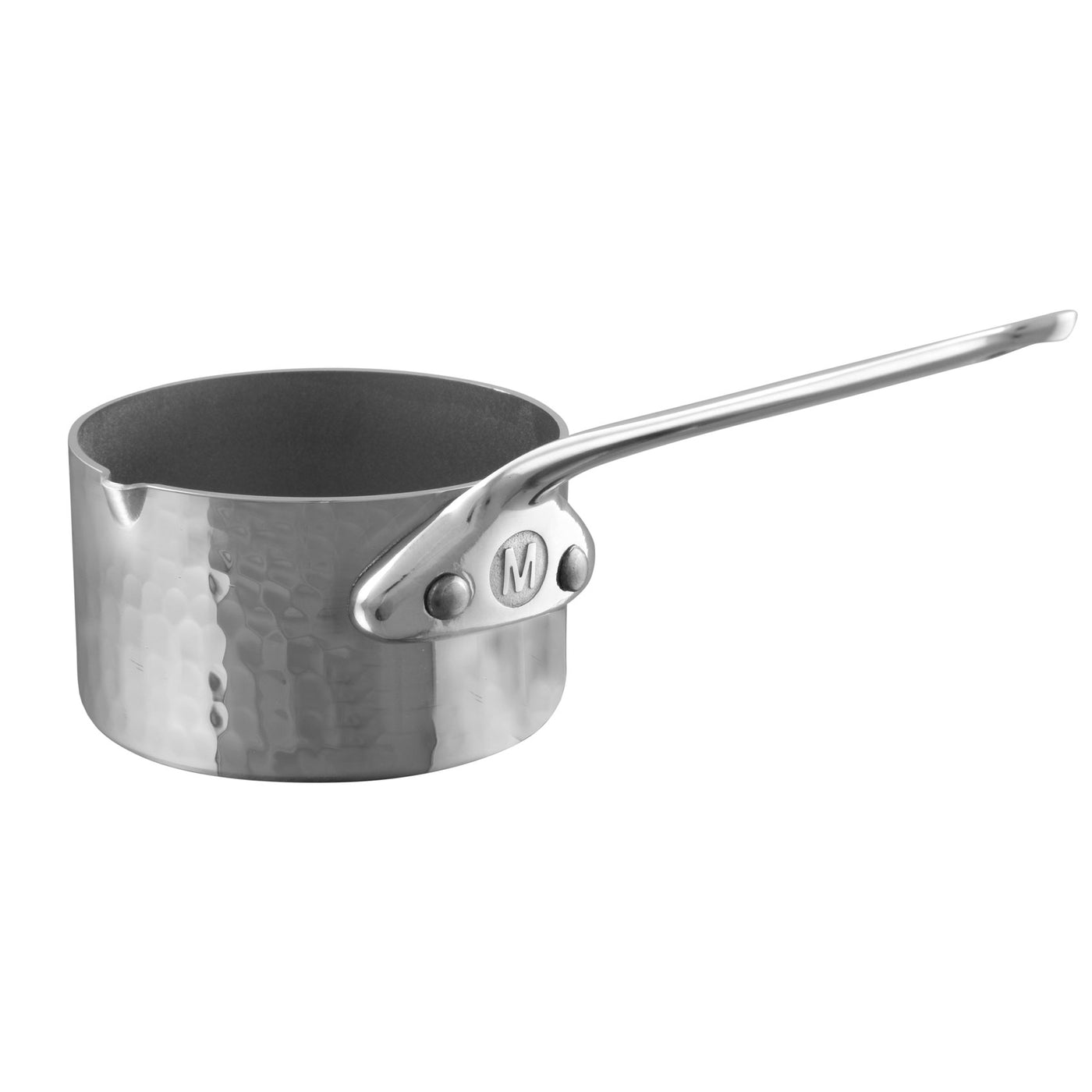 Mauviel M'Mini Elite Polished Hammered Saucepan with Pouring Edge, 0.33-qt - Kitchen Universe