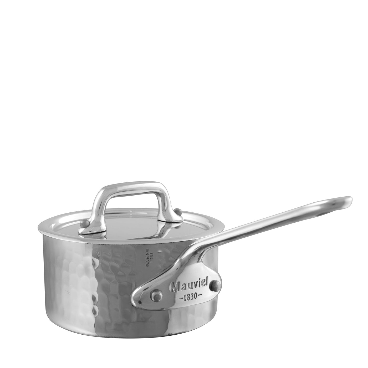 Mauviel M'Mini Elite Polished Hammered Saucepan with Lid, 0.32-qt - Kitchen Universe