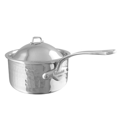 Mauviel M'Elite Hammered 5-Ply Stainless Steel Sauce Pan with Domed Lid, 1.1-qt - Kitchen Universe