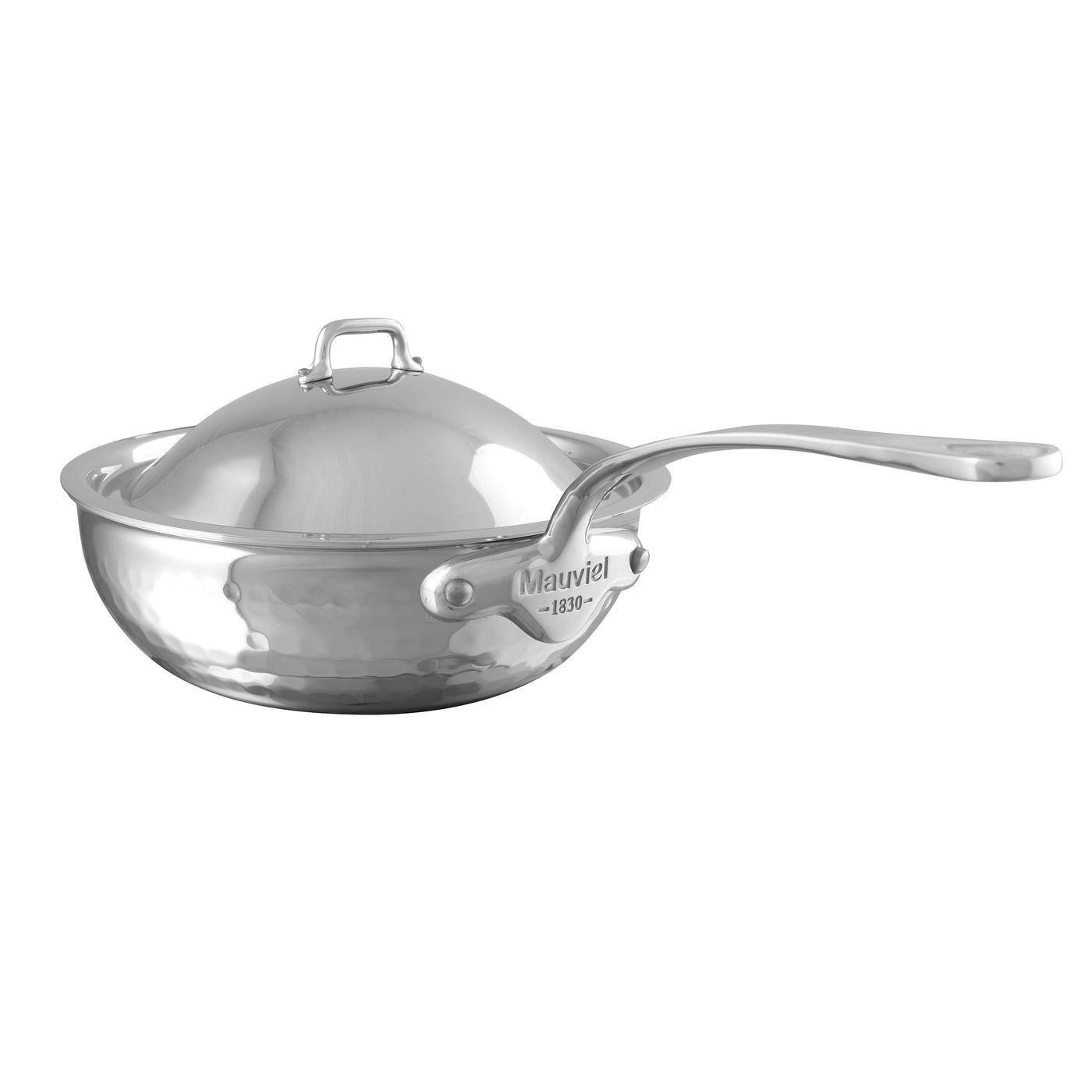 Mauviel M'Elite Hammered 5-Ply Stainless Steel Curved Splayed Sauté Pan with Domed Lid, 2-qt - Kitchen Universe