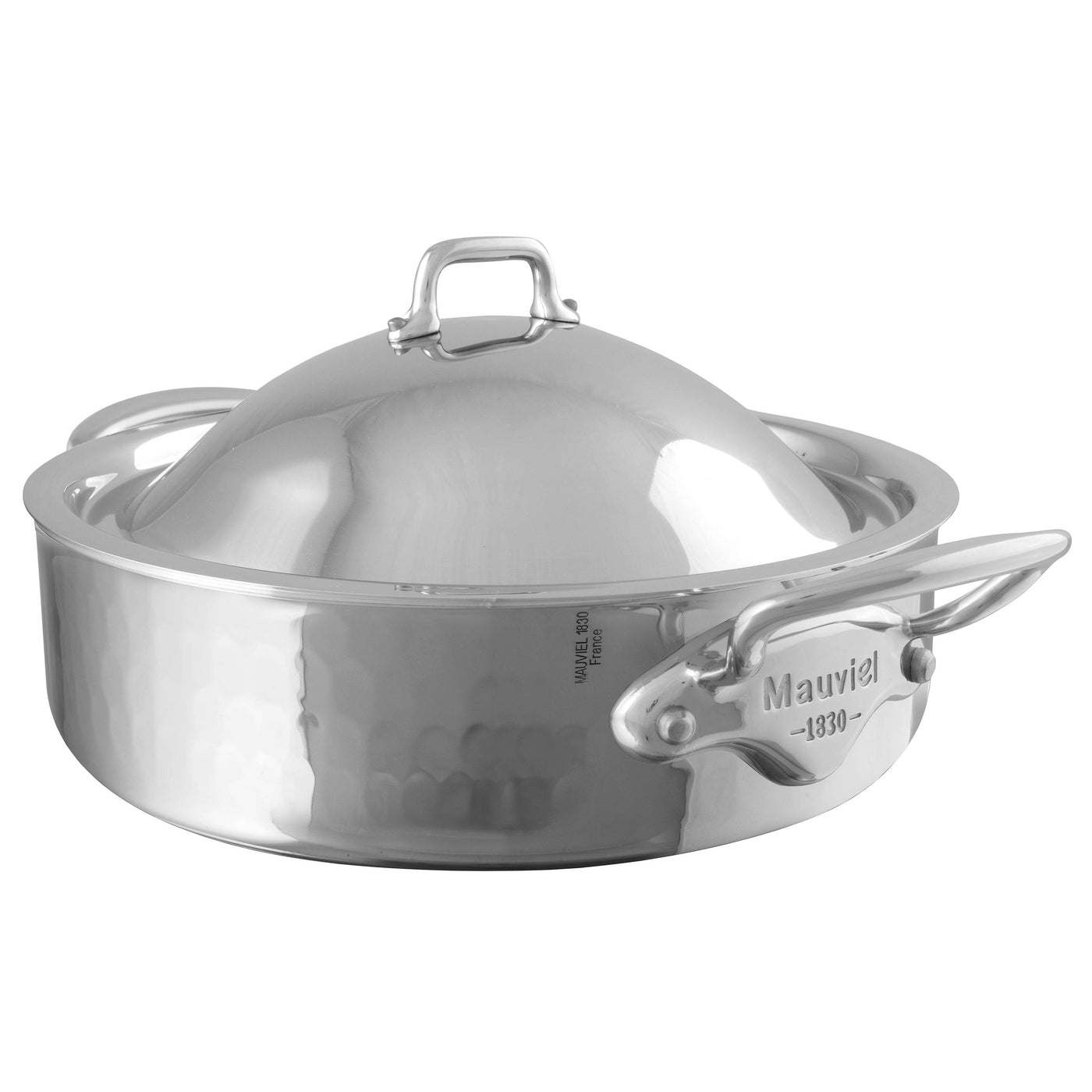 Mauviel M'Elite Hammered 5-Ply Stainless Steel Rondeau with Domed Lid, 3-qt - Kitchen Universe