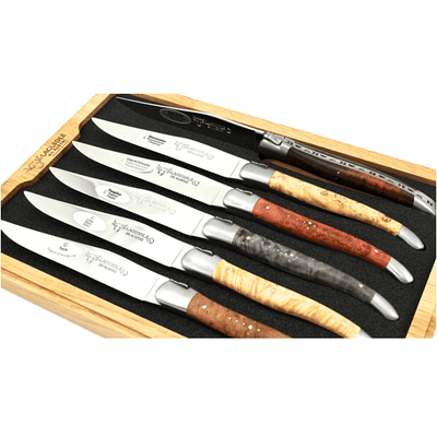 Laguiole en Aubrac Luxury Stainless Steel 6-Piece Steak Knife Set With Mixed Burl Wood Handles, Brushed Bolsters - Kitchen Universe