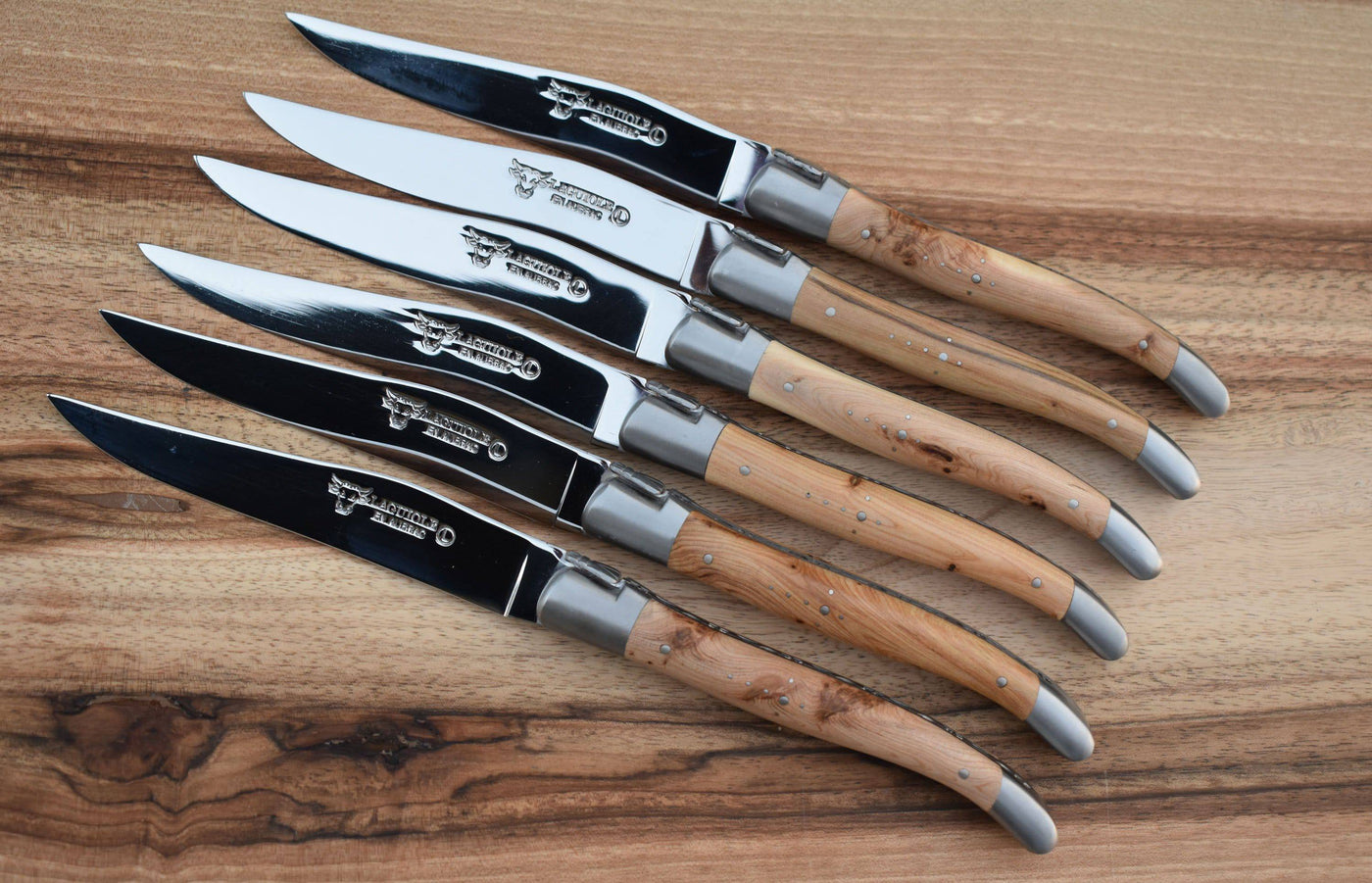 Laguiole en Aubrac Luxury Stainless Steel 6-Piece Steak Knife Set With Juniper Wood Handles - Kitchen Universe