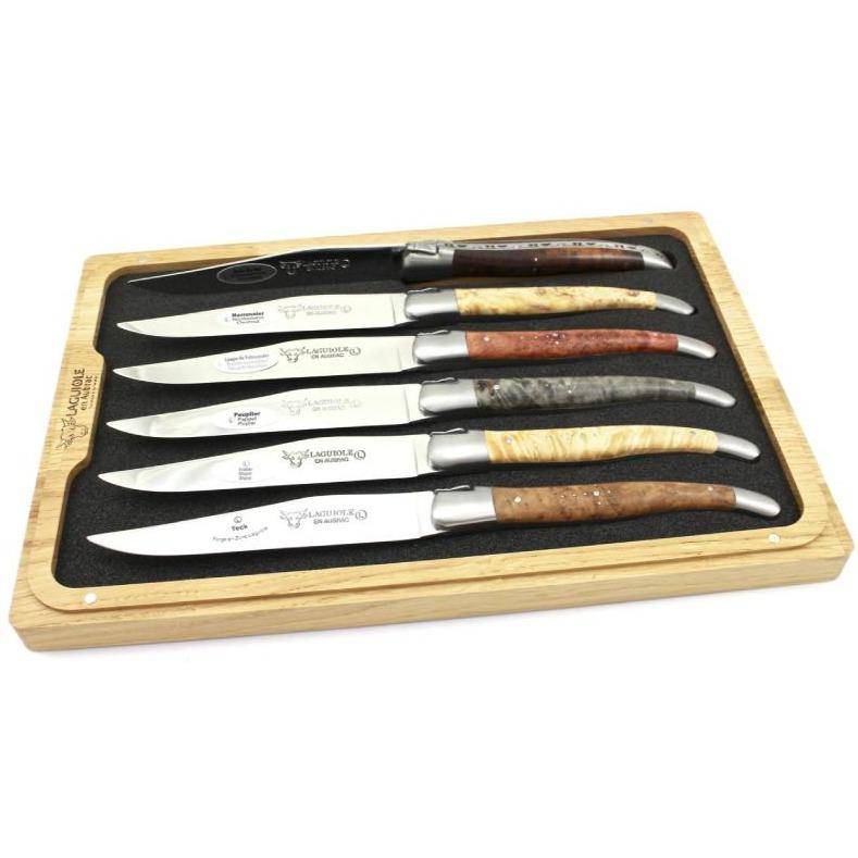 Laguiole en Aubrac Luxury Stainless Steel 6-Piece Steak Knife Set With Mixed Burl Wood Handles, Brushed Bolsters - Kitchen Universe