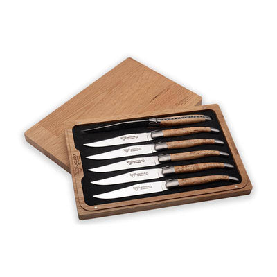 Laguiole en Aubrac Luxury Stainless Steel 6-Piece Steak Knife Set With Juniper Wood Handles - Kitchen Universe