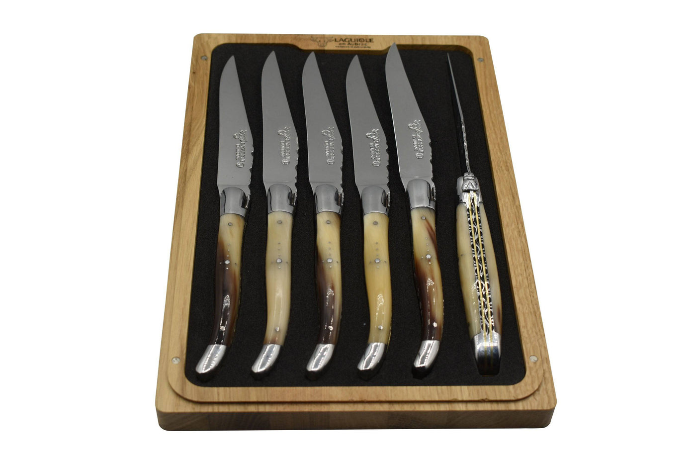 Laguiole en Aubrac Luxury Stainless Steel & Brass Double Plated 6-Piece Steak Knife Set With Solid Horn Handles - Kitchen Universe