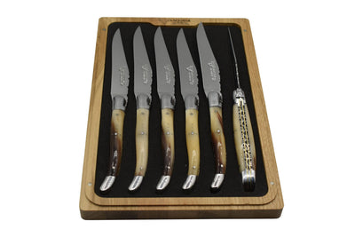 Laguiole en Aubrac Luxury Stainless Steel & Brass Double Plated 6-Piece Steak Knife Set With Solid Horn Handles - Kitchen Universe
