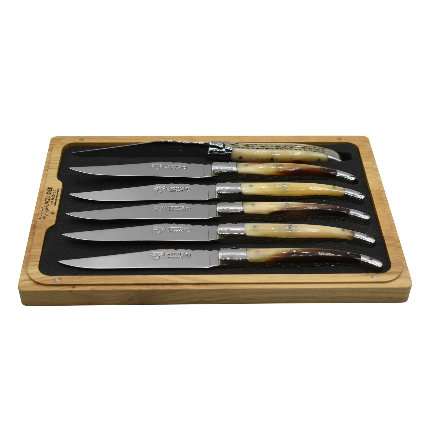 Laguiole en Aubrac Luxury Stainless Steel & Brass Double Plated 6-Piece Steak Knife Set With Solid Horn Handles - Kitchen Universe