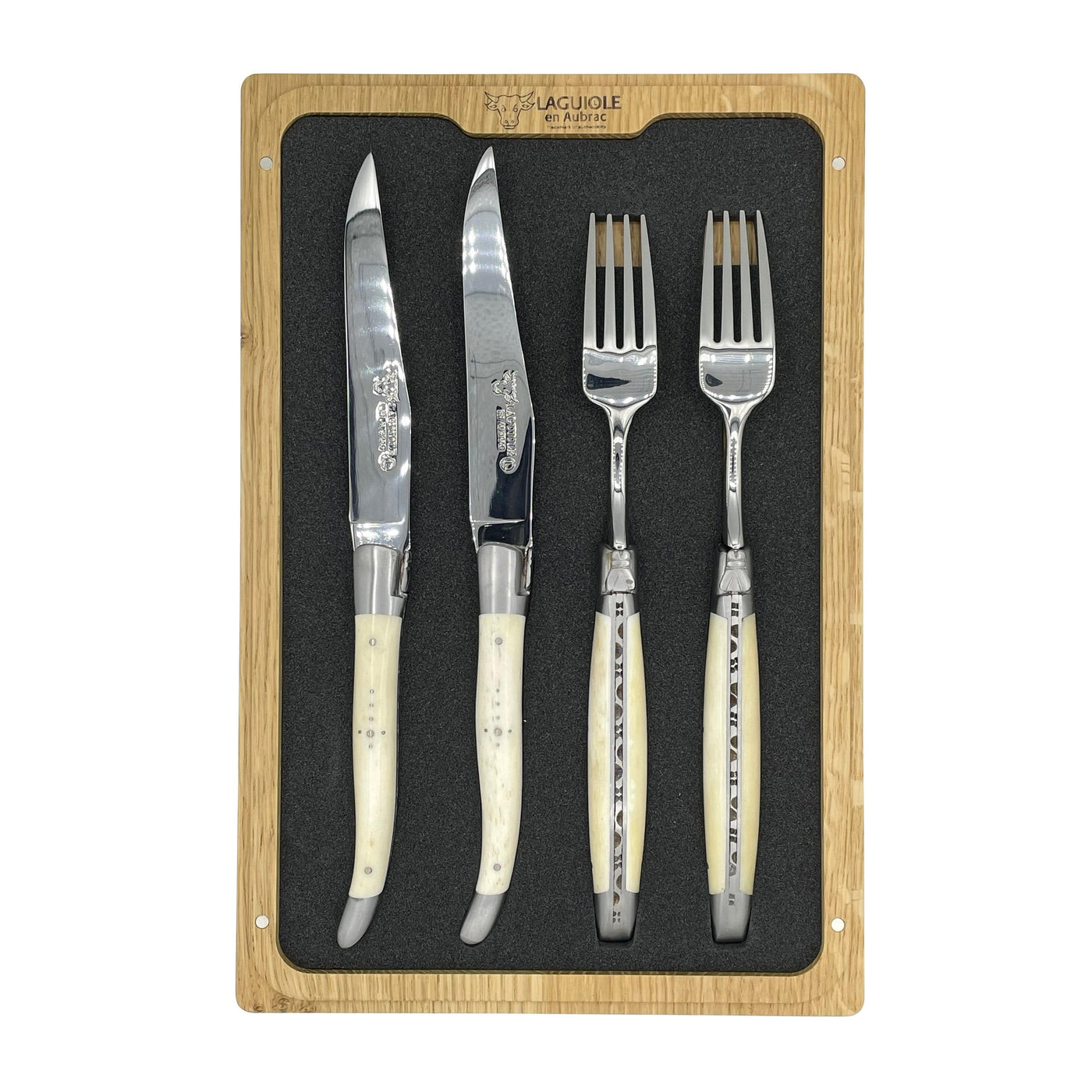 Laguiole en Aubrac Luxury Stainless Steel 4-Piece Set With 2 Steak Knives & 2 Forks With Zebu Bone Handles - Kitchen Universe