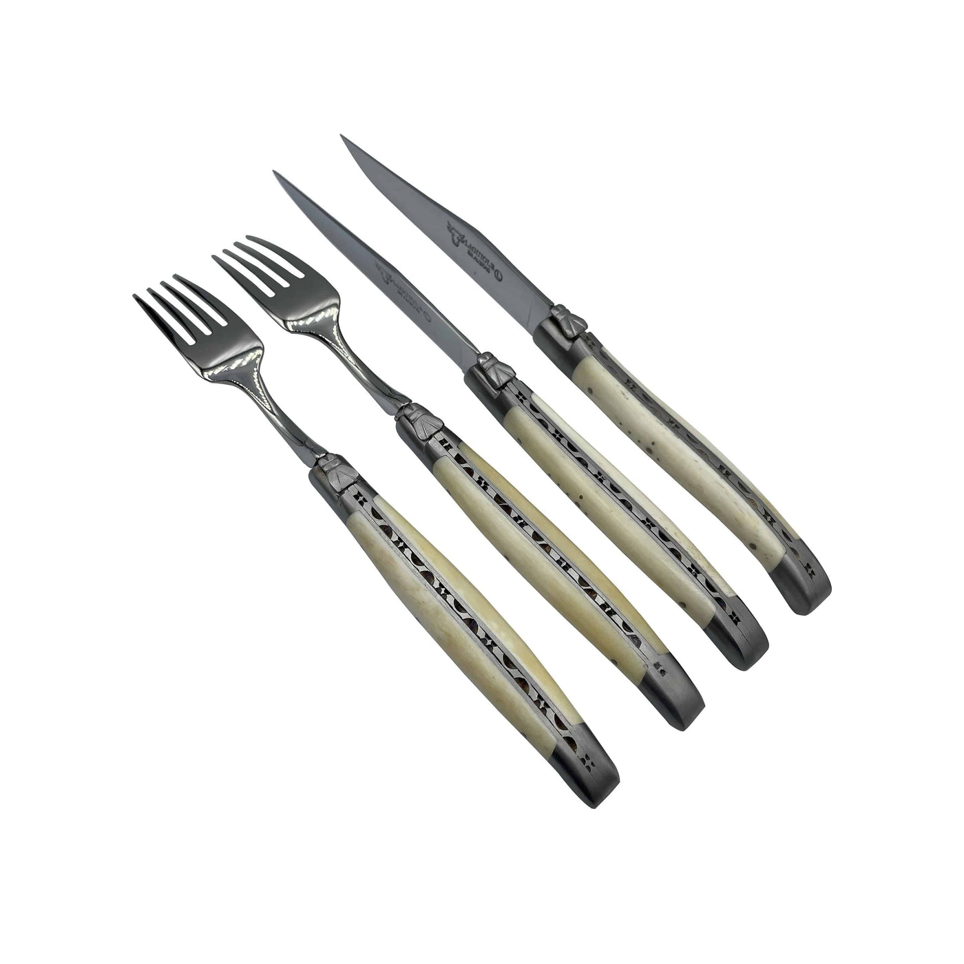 Laguiole en Aubrac Luxury Stainless Steel 4-Piece Set With 2 Steak Knives & 2 Forks With Zebu Bone Handles - Kitchen Universe