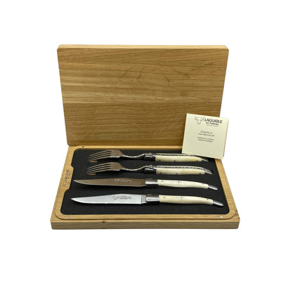 Laguiole en Aubrac Luxury Stainless Steel 4-Piece Set With 2 Steak Knives & 2 Forks With Zebu Bone Handles - Kitchen Universe